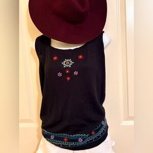 Embroidered Black Boho Top, size 18/20, hat not included